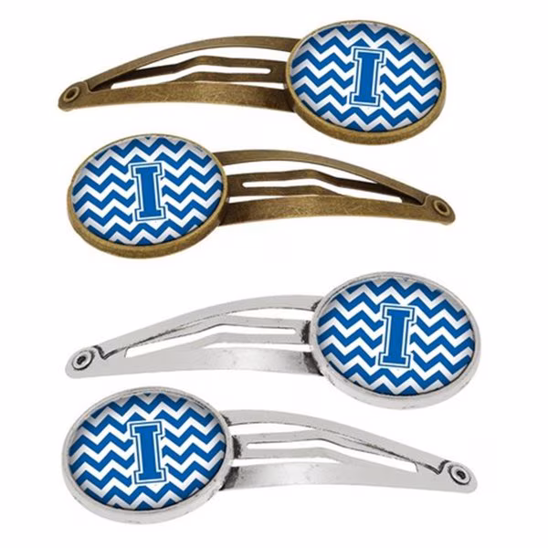 Letter I Chevron Blue and White Barrettes Hair Clips, Set of 4, 4PK